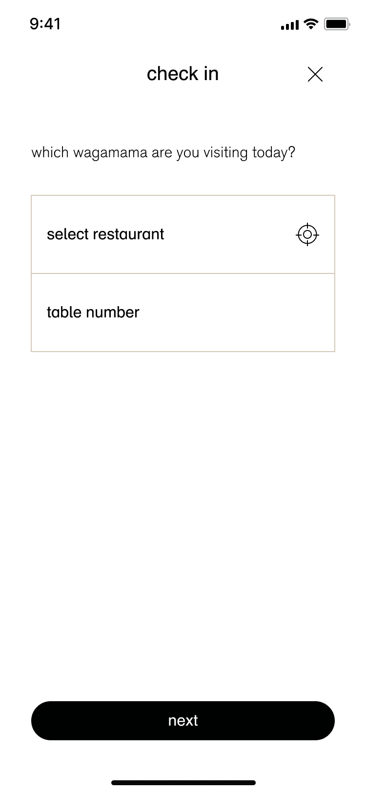Check-in screen selecting the restaurant and table number