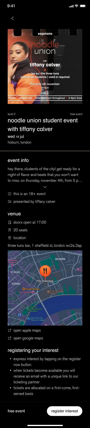 Soul Club event details screen for an in-restaurant event