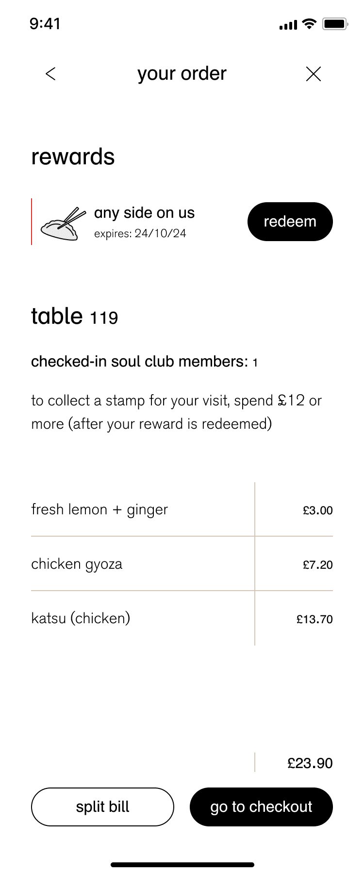 Your order screen with reward redemption, stamp logic and split bill