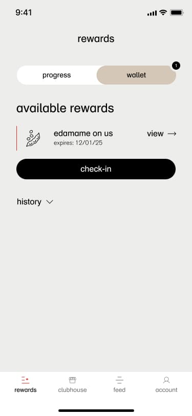 Rewards wallet showing an available reward ready to redeem