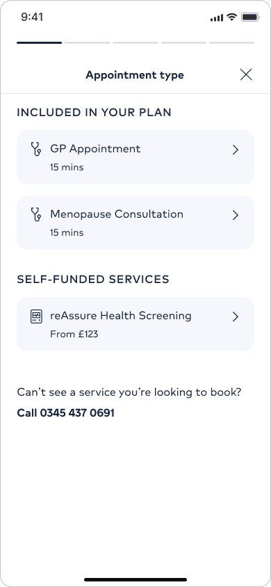 Appointment type screen showing plan appointments and self-funded health screening
