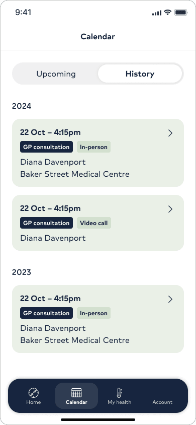 Calendar screen listing upcoming and past appointments