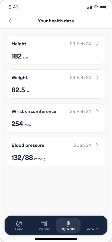 Your health data screen showing height, weight and blood pressure