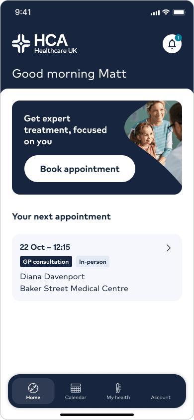 HCA app home screen with a book appointment call to action